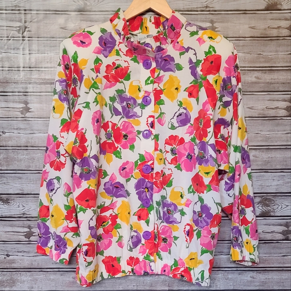 Vintage 90s Nicole Summers Bright Floral Summer Jacket M